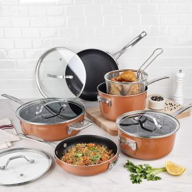 Pots and Pans Set; 10-Piece Stackable Cookware with Nonstick Cast Textured Coating